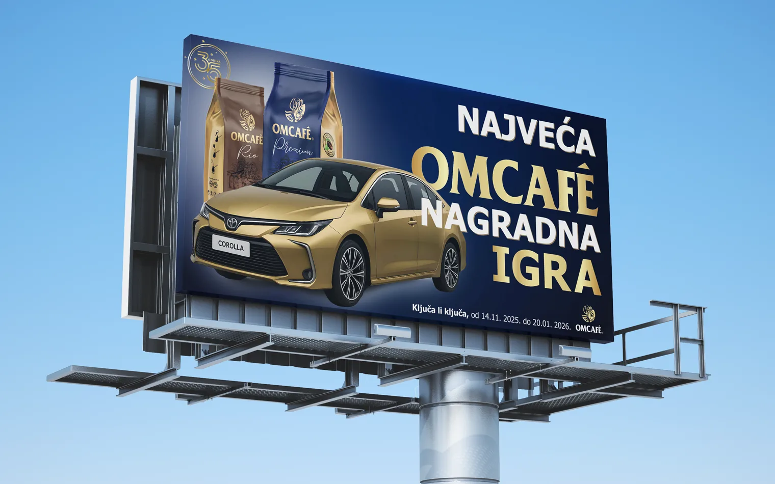 OMCafé 2025 billboard promoting the interactive prize game with vibrant visuals and clear call-to-action