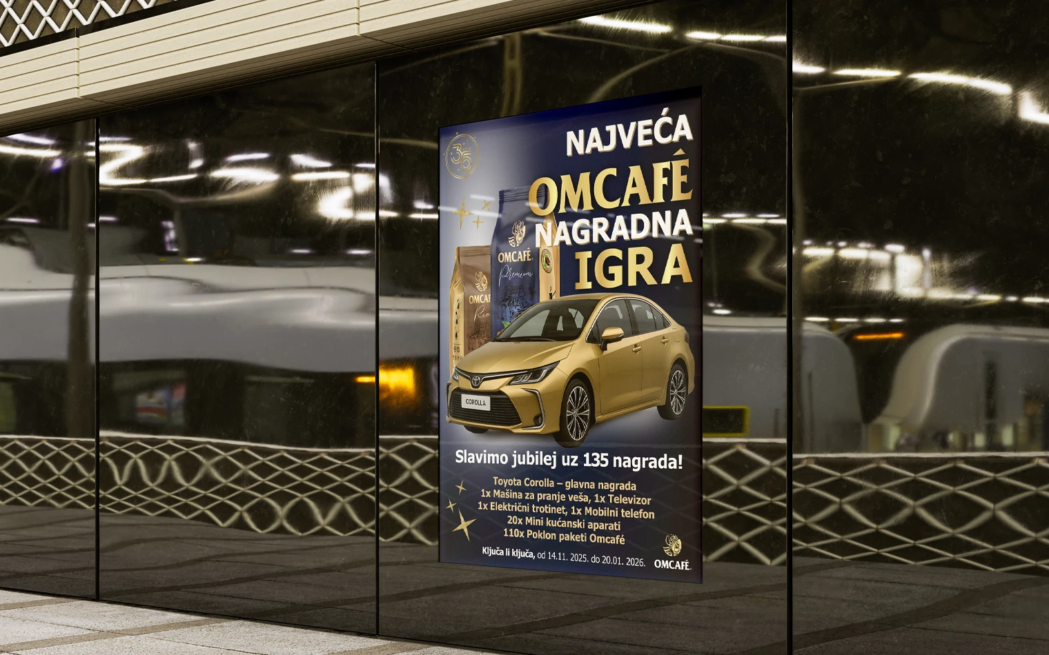 OMCafé 2025 poster promoting the interactive prize game with bold visuals and clear messaging